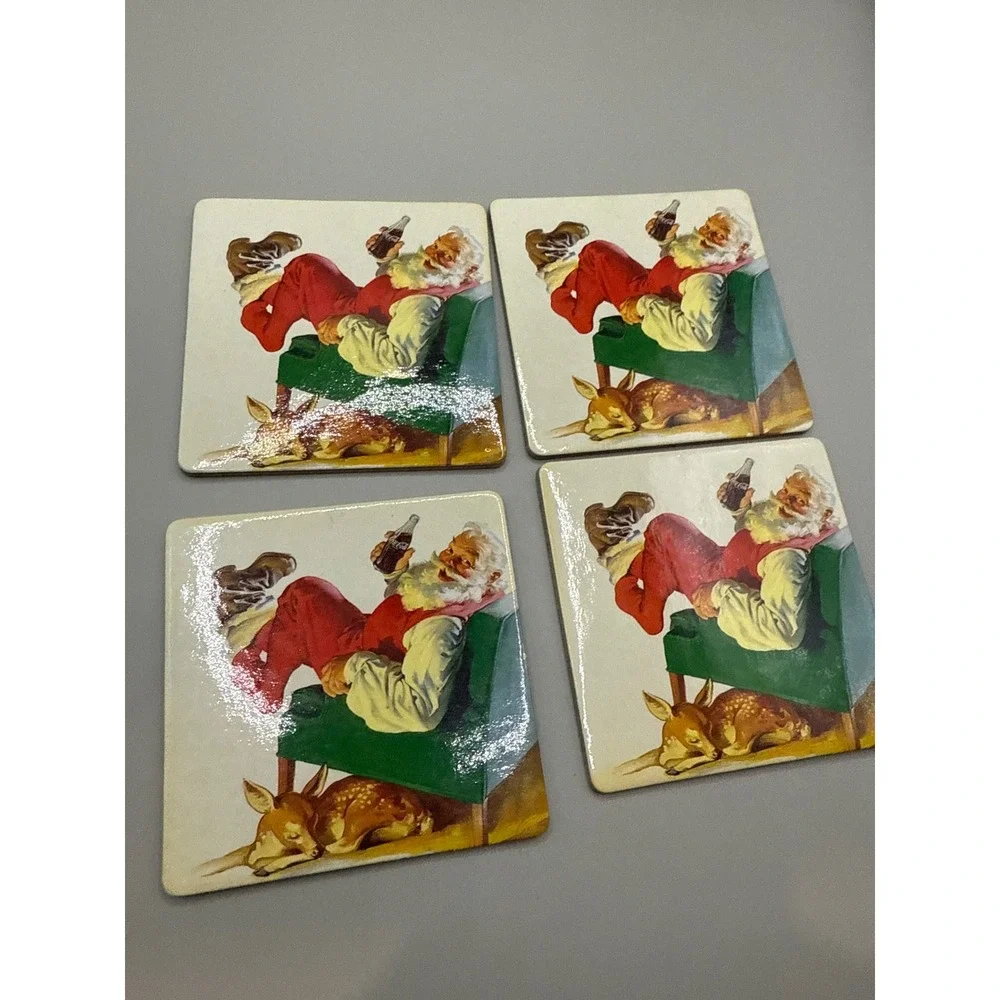 Coca Cola Santa Claus‎ Deer Coasters Cork Set 4 Vintage Christmas Coke